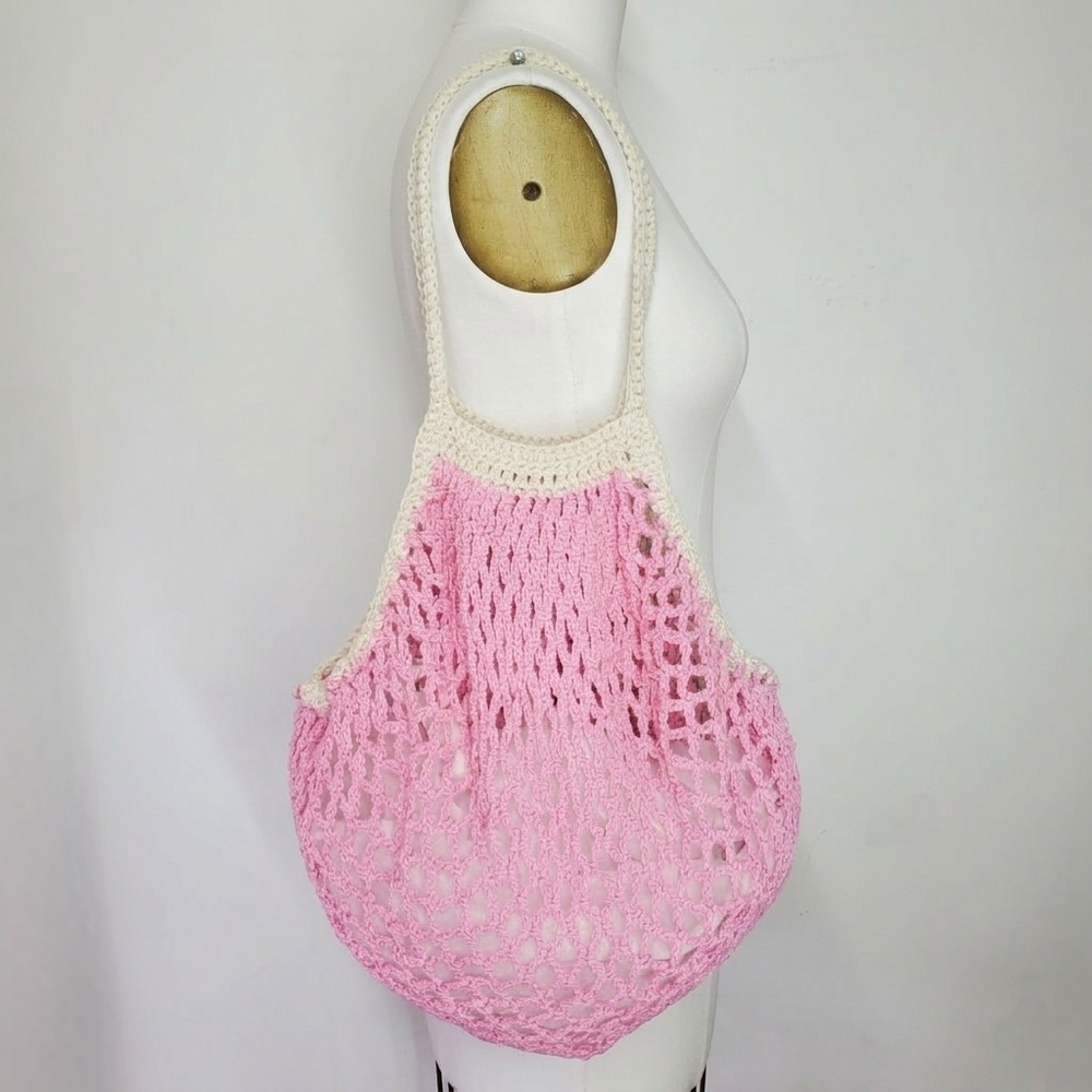 Market Bag Pink 100% Cotton Crochet French Farmers Net Grocery Beach Handmade